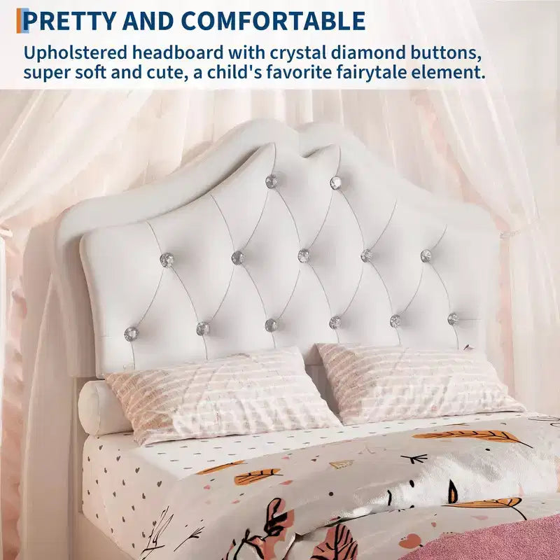Bed Frame with LED Lights & Velvet Crystal Button Headboard, Upholstered Bed with Storage Drawer, Noise Free, No Box Spring Needed for Kids, Teens