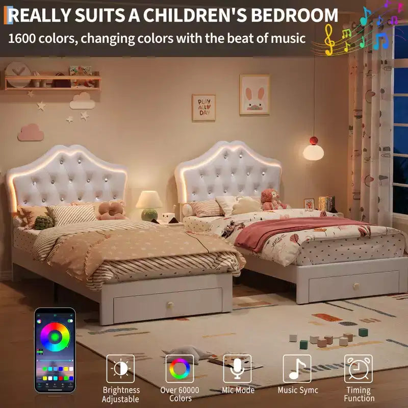 Bed Frame with LED Lights & Velvet Crystal Button Headboard, Upholstered Bed with Storage Drawer, Noise Free, No Box Spring Needed for Kids, Teens
