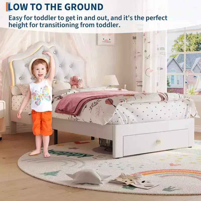 Bed Frame with LED Lights & Velvet Crystal Button Headboard, Upholstered Bed with Storage Drawer, Noise Free, No Box Spring Needed for Kids, Teens