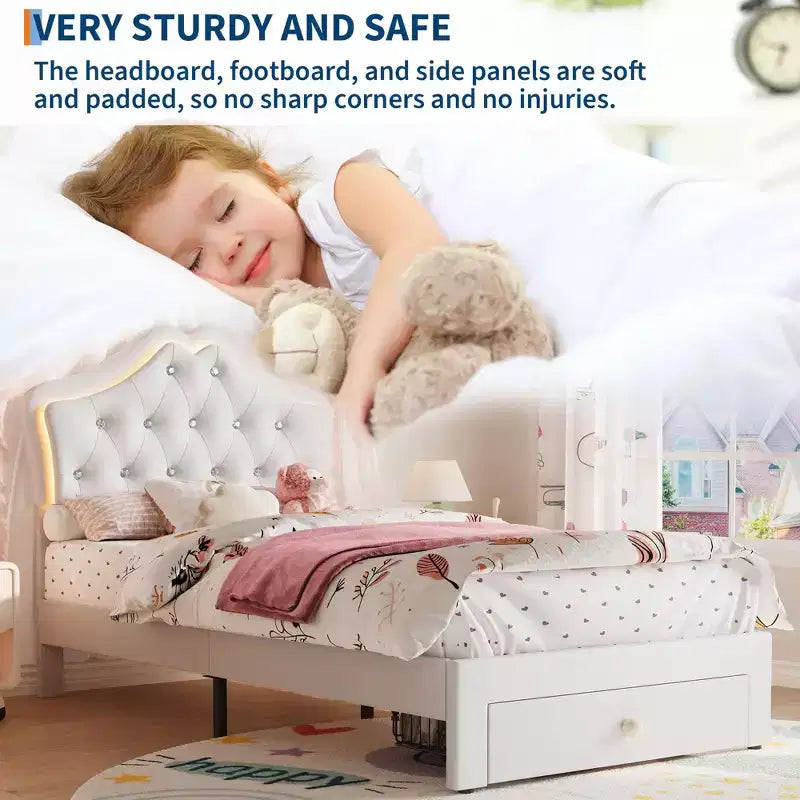 Bed Frame with LED Lights & Velvet Crystal Button Headboard, Upholstered Bed with Storage Drawer, Noise Free, No Box Spring Needed for Kids, Teens