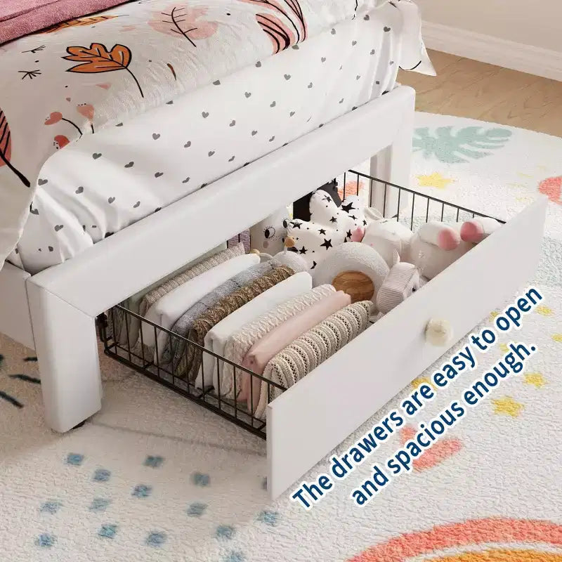 Bed Frame with LED Lights & Velvet Crystal Button Headboard, Upholstered Bed with Storage Drawer, Noise Free, No Box Spring Needed for Kids, Teens