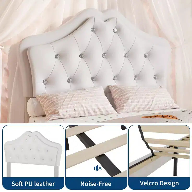 Bed Frame with LED Lights & Velvet Crystal Button Headboard, Upholstered Bed with Storage Drawer, Noise Free, No Box Spring Needed for Kids, Teens