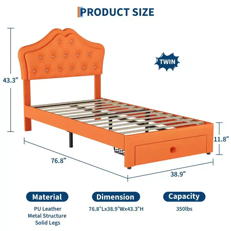 Bed Frame with LED Lights & Velvet Crystal Button Headboard, Upholstered Bed with Storage Drawer, Noise Free, No Box Spring Needed for Kids, Teens