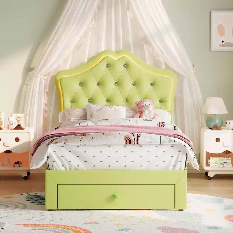 Bed Frame with LED Lights & Velvet Crystal Button Headboard, Upholstered Bed with Storage Drawer, Noise Free, No Box Spring Needed for Kids, Teens