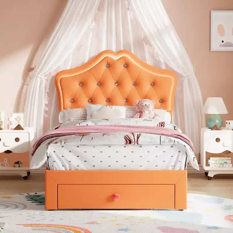 Bed Frame with LED Lights & Velvet Crystal Button Headboard, Upholstered Bed with Storage Drawer, Noise Free, No Box Spring Needed for Kids, Teens