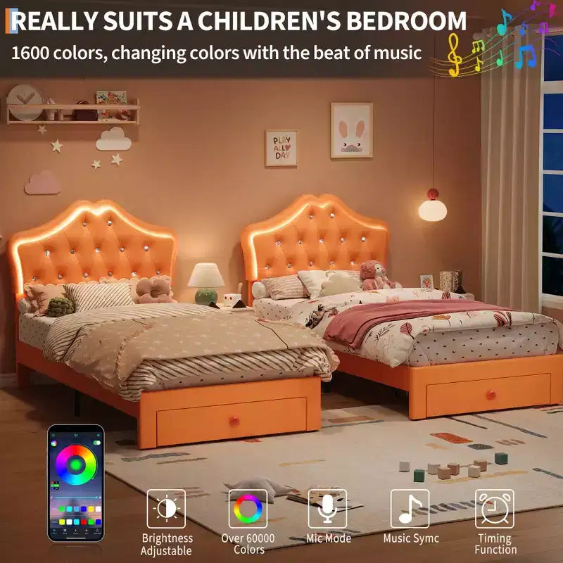 Bed Frame with LED Lights & Velvet Crystal Button Headboard, Upholstered Bed with Storage Drawer, Noise Free, No Box Spring Needed for Kids, Teens