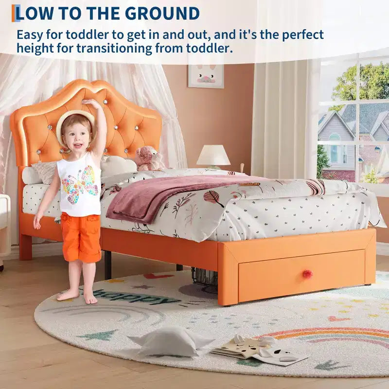 Bed Frame with LED Lights & Velvet Crystal Button Headboard, Upholstered Bed with Storage Drawer, Noise Free, No Box Spring Needed for Kids, Teens