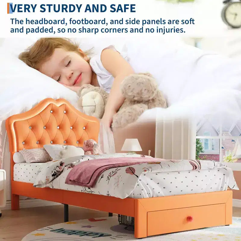 Bed Frame with LED Lights & Velvet Crystal Button Headboard, Upholstered Bed with Storage Drawer, Noise Free, No Box Spring Needed for Kids, Teens