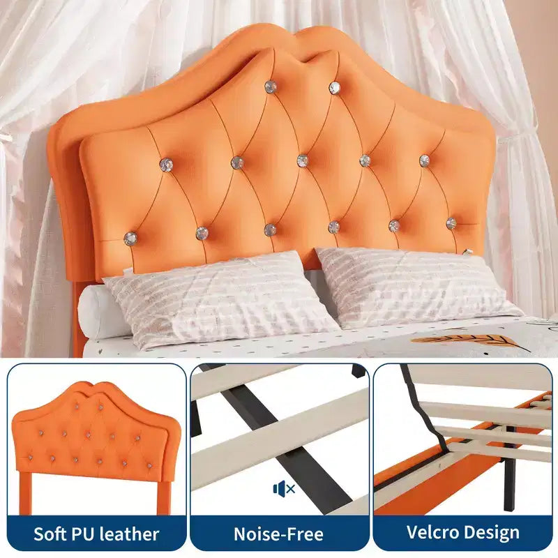 Bed Frame with LED Lights & Velvet Crystal Button Headboard, Upholstered Bed with Storage Drawer, Noise Free, No Box Spring Needed for Kids, Teens