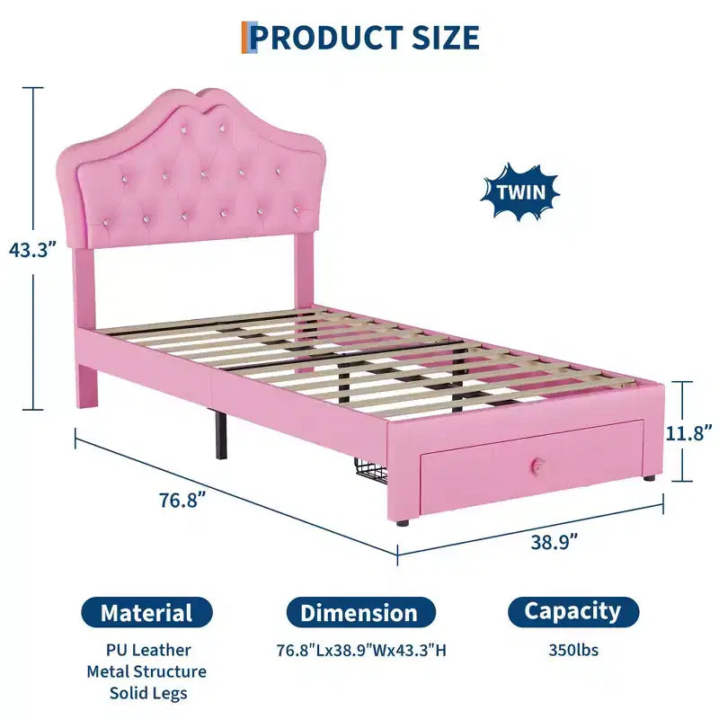 Bed Frame with LED Lights & Velvet Crystal Button Headboard, Upholstered Bed with Storage Drawer, Noise Free, No Box Spring Needed for Kids, Teens