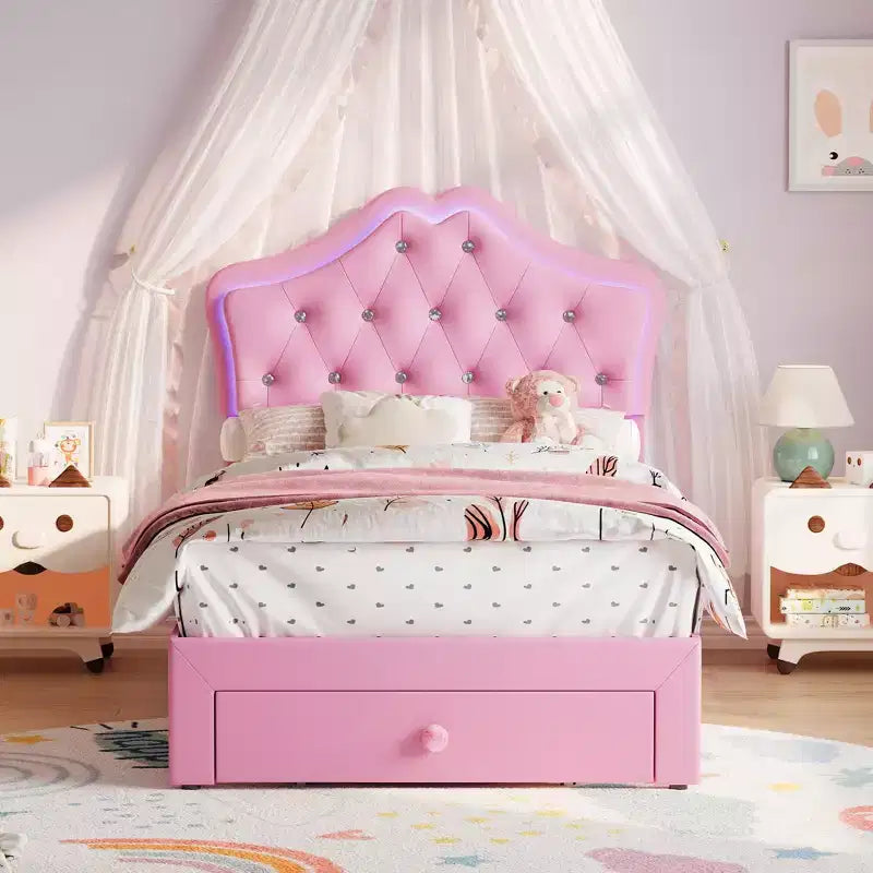 Bed Frame with LED Lights & Velvet Crystal Button Headboard, Upholstered Bed with Storage Drawer, Noise Free, No Box Spring Needed for Kids, Teens