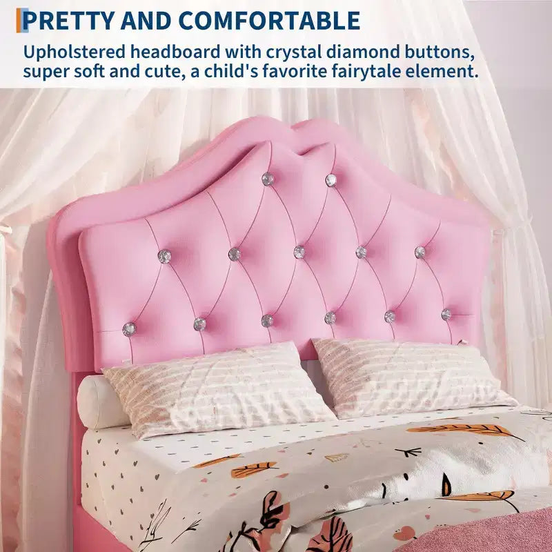 Bed Frame with LED Lights & Velvet Crystal Button Headboard, Upholstered Bed with Storage Drawer, Noise Free, No Box Spring Needed for Kids, Teens