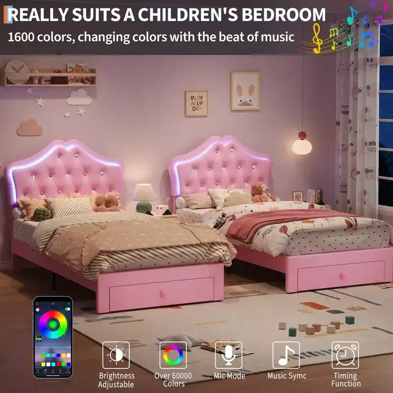 Bed Frame with LED Lights & Velvet Crystal Button Headboard, Upholstered Bed with Storage Drawer, Noise Free, No Box Spring Needed for Kids, Teens
