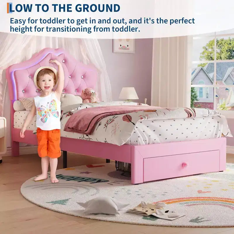 Bed Frame with LED Lights & Velvet Crystal Button Headboard, Upholstered Bed with Storage Drawer, Noise Free, No Box Spring Needed for Kids, Teens