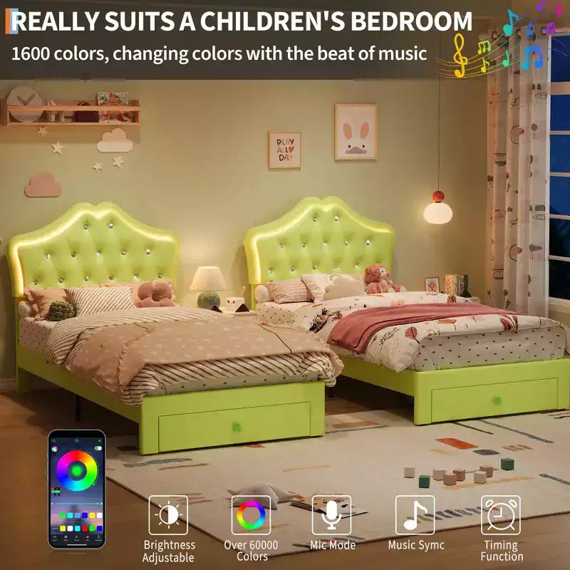 Bed Frame with LED Lights & Velvet Crystal Button Headboard, Upholstered Bed with Storage Drawer, Noise Free, No Box Spring Needed for Kids, Teens