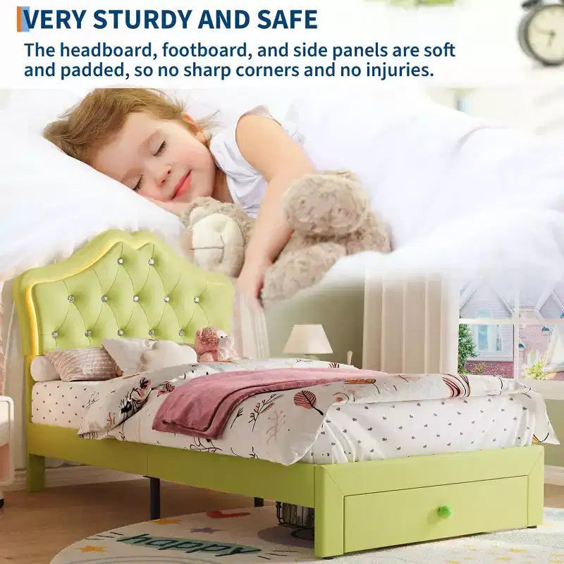 Bed Frame with LED Lights & Velvet Crystal Button Headboard, Upholstered Bed with Storage Drawer, Noise Free, No Box Spring Needed for Kids, Teens