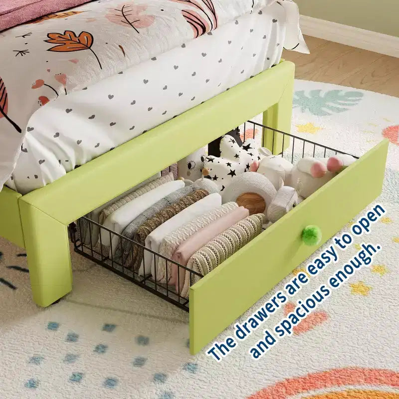 Bed Frame with LED Lights & Velvet Crystal Button Headboard, Upholstered Bed with Storage Drawer, Noise Free, No Box Spring Needed for Kids, Teens