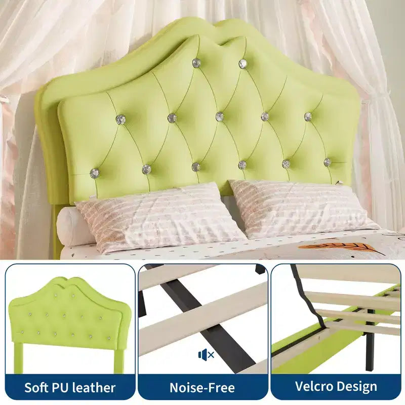 Bed Frame with LED Lights & Velvet Crystal Button Headboard, Upholstered Bed with Storage Drawer, Noise Free, No Box Spring Needed for Kids, Teens