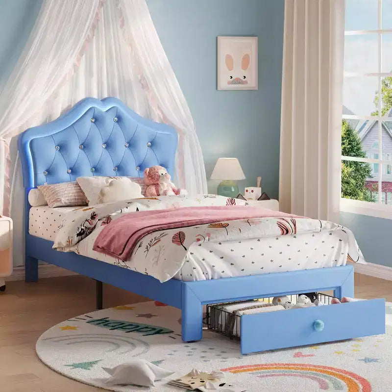 Bed Frame with LED Lights & Velvet Crystal Button Headboard, Upholstered Bed with Storage Drawer, Noise Free, No Box Spring Needed for Kids, Teens