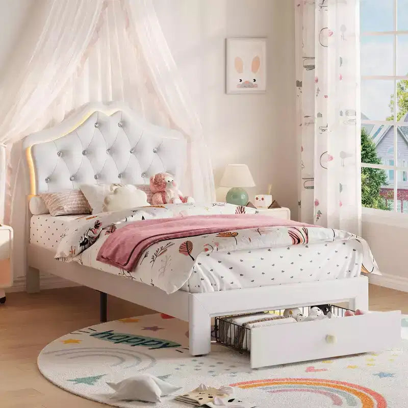 Bed Frame with LED Lights & Velvet Crystal Button Headboard, Upholstered Bed with Storage Drawer, Noise Free, No Box Spring Needed for Kids, Teens