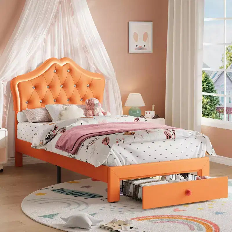Bed Frame with LED Lights & Velvet Crystal Button Headboard, Upholstered Bed with Storage Drawer, Noise Free, No Box Spring Needed for Kids, Teens
