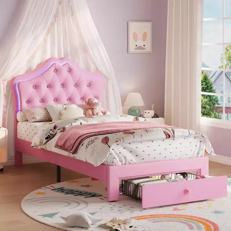 Bed Frame with LED Lights & Velvet Crystal Button Headboard, Upholstered Bed with Storage Drawer, Noise Free, No Box Spring Needed for Kids, Teens