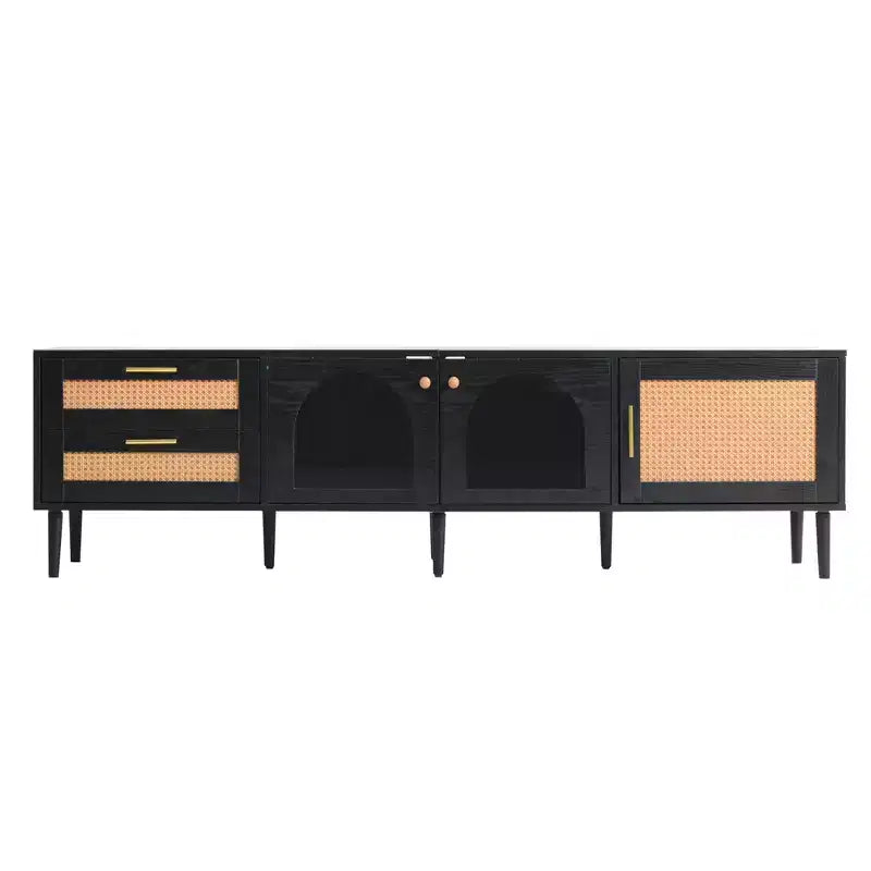 Rattan TV Stand with LED Light for 70 inch TV, Wood TV Storage Cabinet Table with Drawers for Living Room, Black