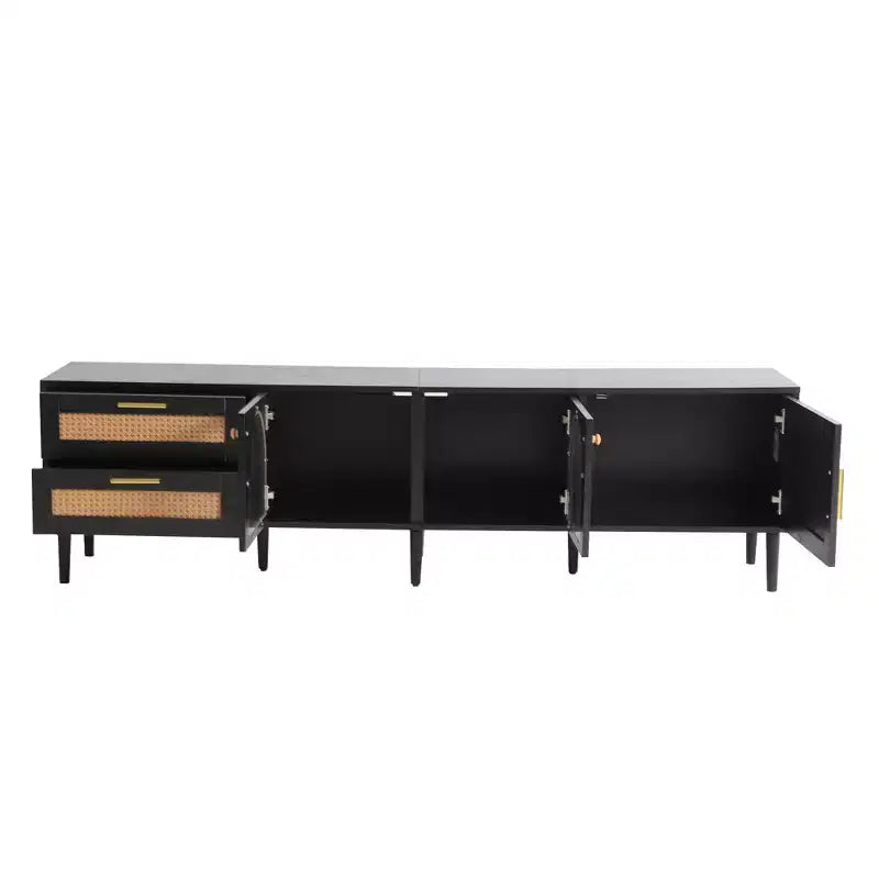 Rattan TV Stand with LED Light for 70 inch TV, Wood TV Storage Cabinet Table with Drawers for Living Room, Black