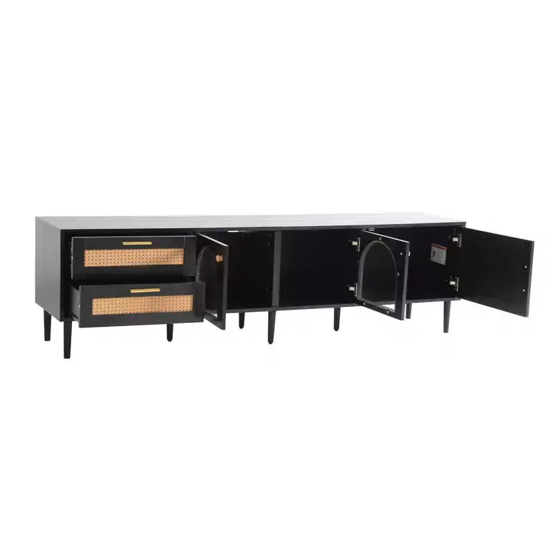 Rattan TV Stand with LED Light for 70 inch TV, Wood TV Storage Cabinet Table with Drawers for Living Room, Black