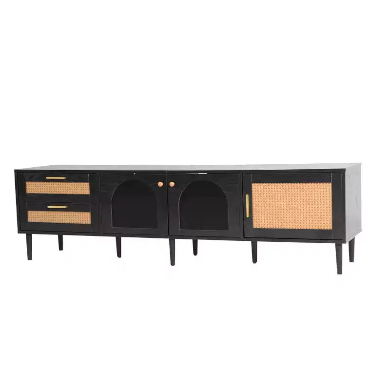 Rattan TV Stand with LED Light for 70 inch TV, Wood TV Storage Cabinet Table with Drawers for Living Room, Black