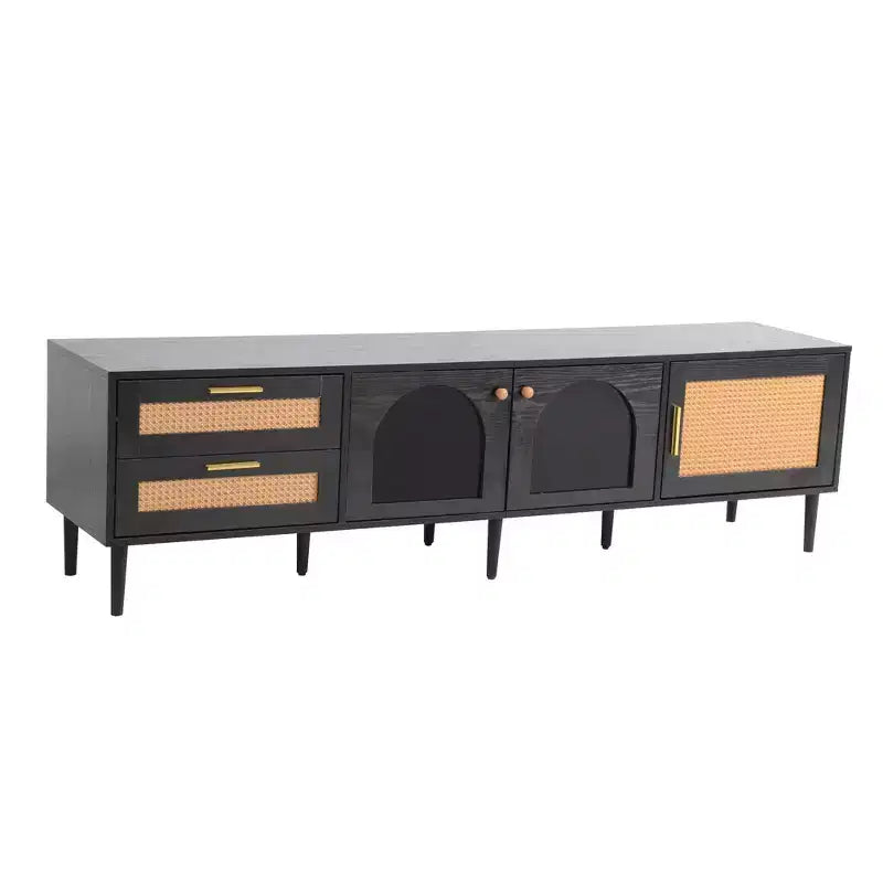 Rattan TV Stand with LED Light for 70 inch TV, Wood TV Storage Cabinet Table with Drawers for Living Room, Black