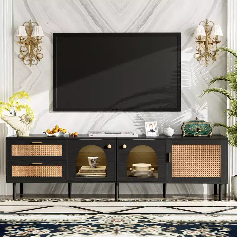 Rattan TV Stand with LED Light for 70 inch TV, Wood TV Storage Cabinet Table with Drawers for Living Room, Black