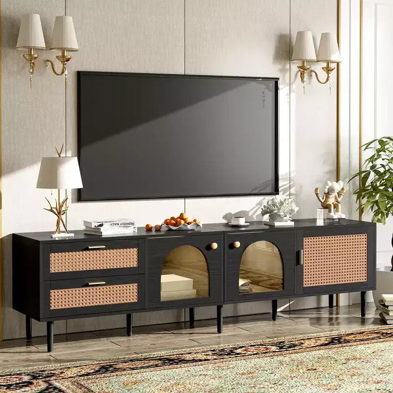 Rattan TV Stand with LED Light for 70 inch TV, Wood TV Storage Cabinet Table with Drawers for Living Room, Black