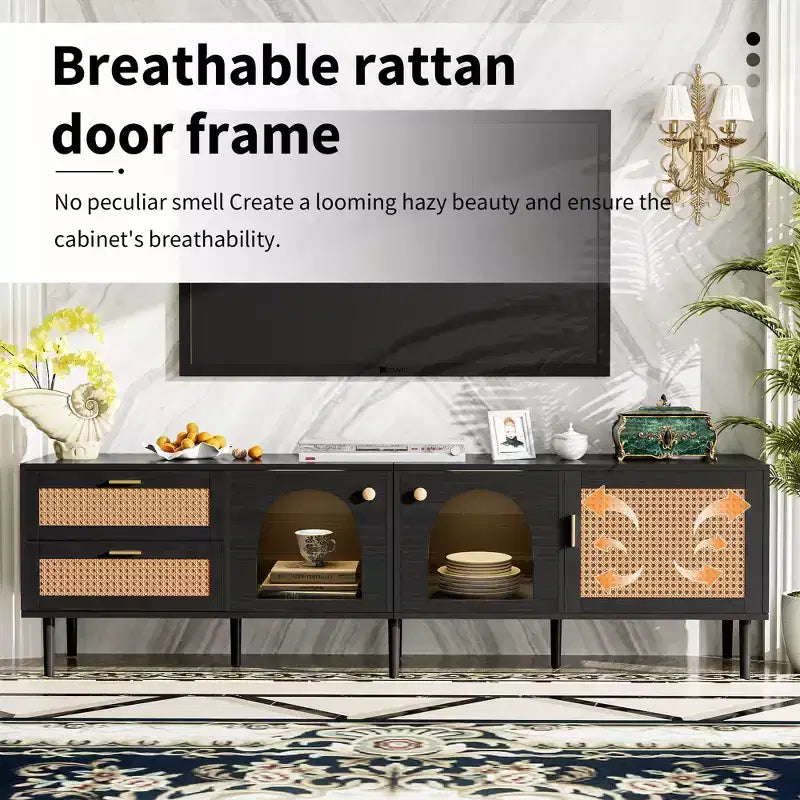 Rattan TV Stand with LED Light for 70 inch TV, Wood TV Storage Cabinet Table with Drawers for Living Room, Black