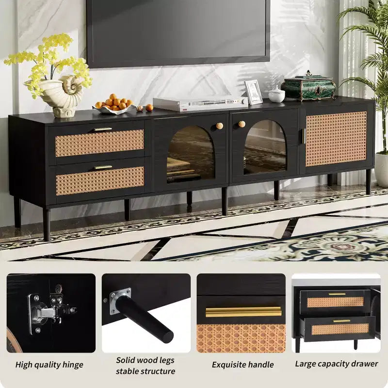 Rattan TV Stand with LED Light for 70 inch TV, Wood TV Storage Cabinet Table with Drawers for Living Room, Black