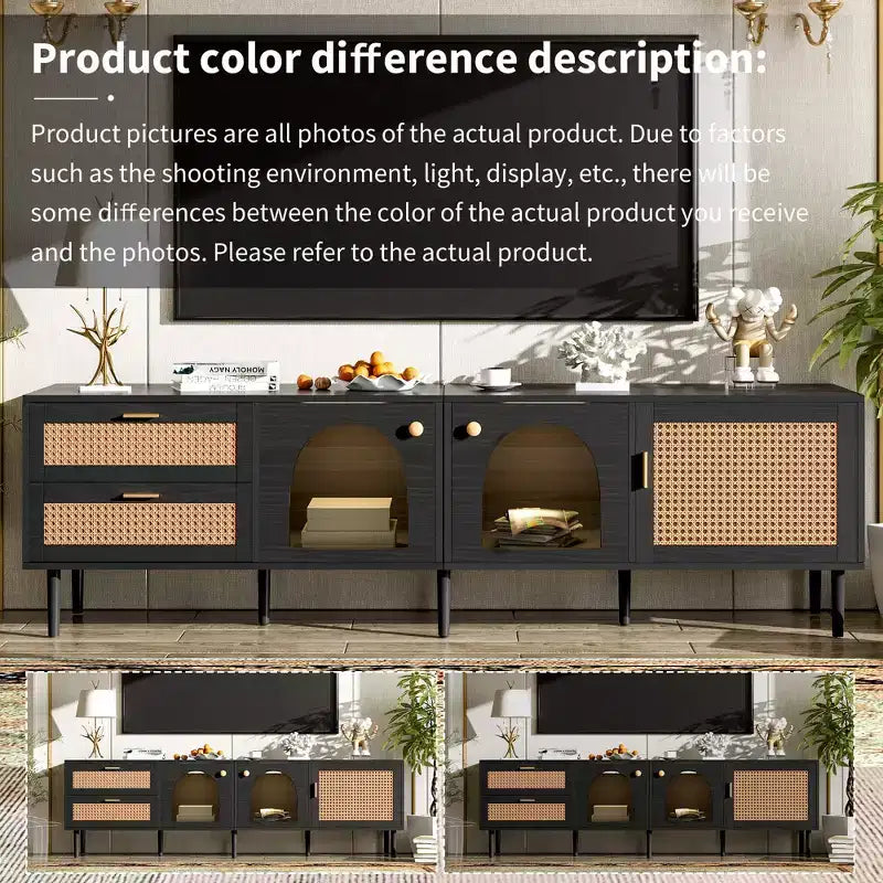 Rattan TV Stand with LED Light for 70 inch TV, Wood TV Storage Cabinet Table with Drawers for Living Room, Black