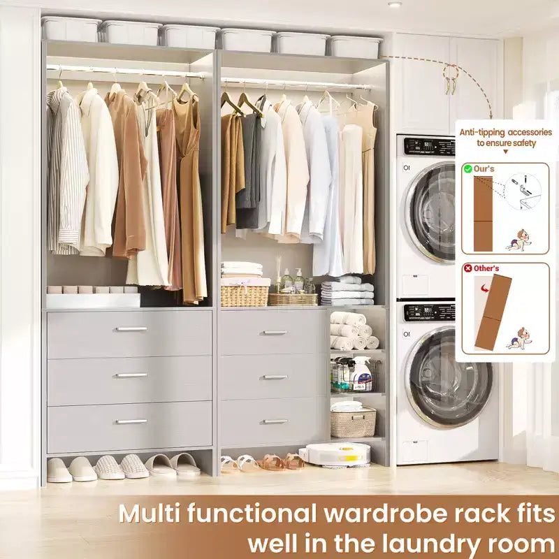 Besiost 54-In Closet System Set with Wood Drawers, Freestanding Closet Organizer with Hanging Rods