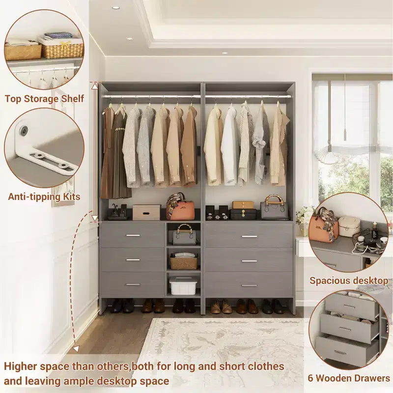 Besiost 54-In Closet System Set with Wood Drawers, Freestanding Closet Organizer with Hanging Rods