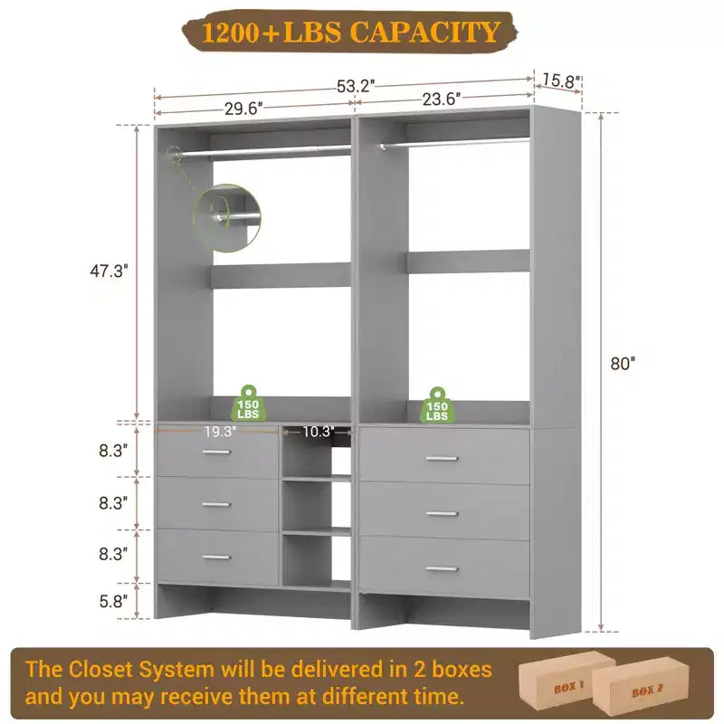 Besiost 54-In Closet System Set with Wood Drawers, Freestanding Closet Organizer with Hanging Rods