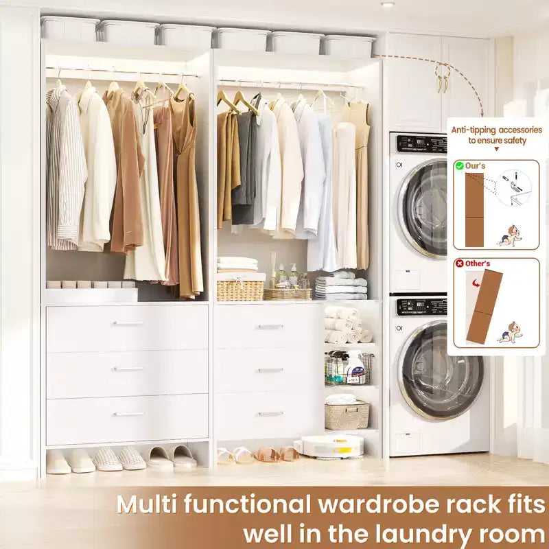 Besiost 54-In Closet System Set with Wood Drawers, Freestanding Closet Organizer with Hanging Rods