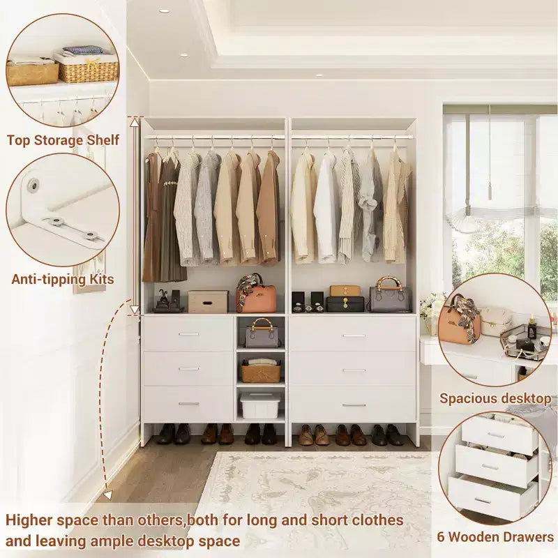 Besiost 54-In Closet System Set with Wood Drawers, Freestanding Closet Organizer with Hanging Rods