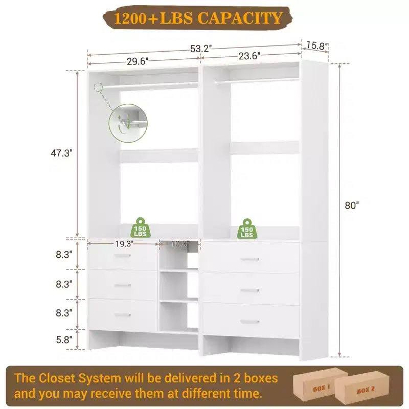 Besiost 54-In Closet System Set with Wood Drawers, Freestanding Closet Organizer with Hanging Rods
