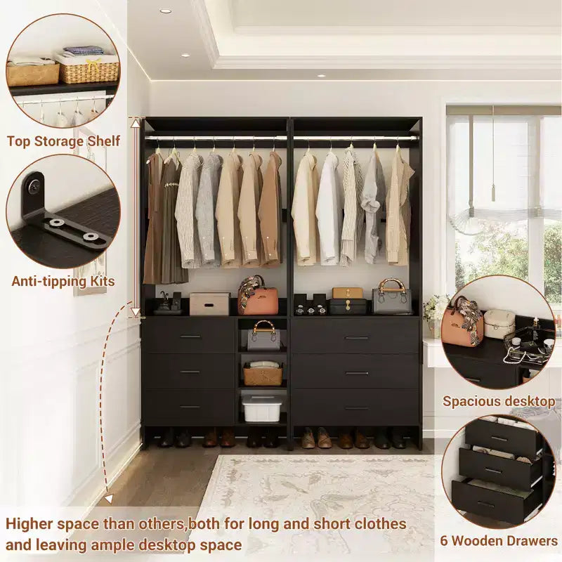 Besiost 54-In Closet System Set with Wood Drawers, Freestanding Closet Organizer with Hanging Rods