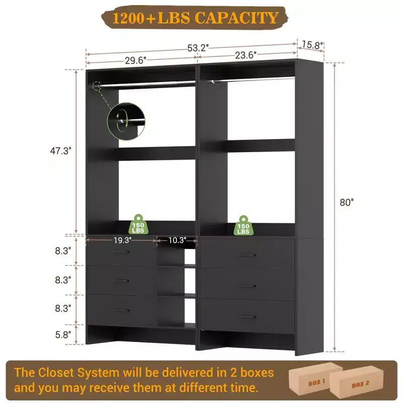 Besiost 54-In Closet System Set with Wood Drawers, Freestanding Closet Organizer with Hanging Rods