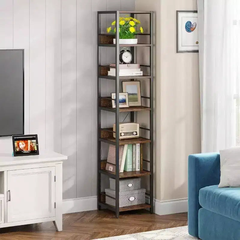 6 - Tier Corner Shelf 75 Inch Tall Narrow Bookshelf Storage Rack Etagere Shelves Display Stand for Living Room Bathroom