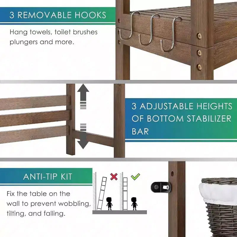 Bathroom Storage Shelf Over - Toilet Organizer Rack Freestanding Toilet Space Saver 3 - Tier Adjustable Shelves Walnut