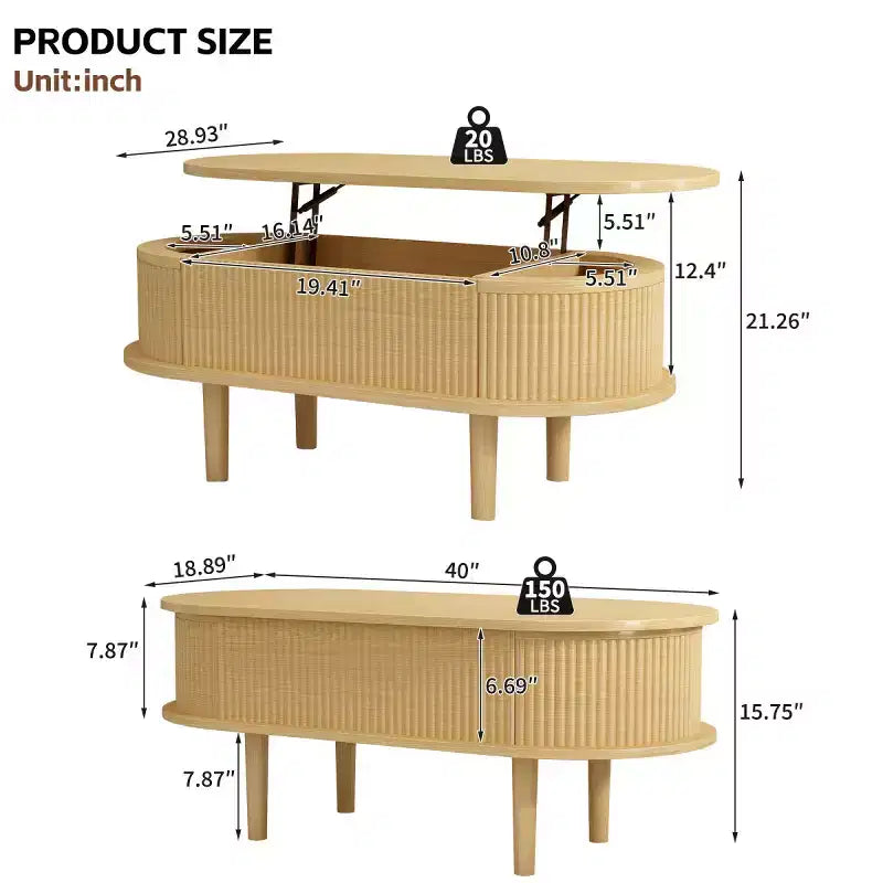40 Modern Oval Lift-Top Coffee Table with Hidden Storage, Rustic Center Table for Living Room, Space-Saving Lift-Top Cocktail Table-Panipeachy