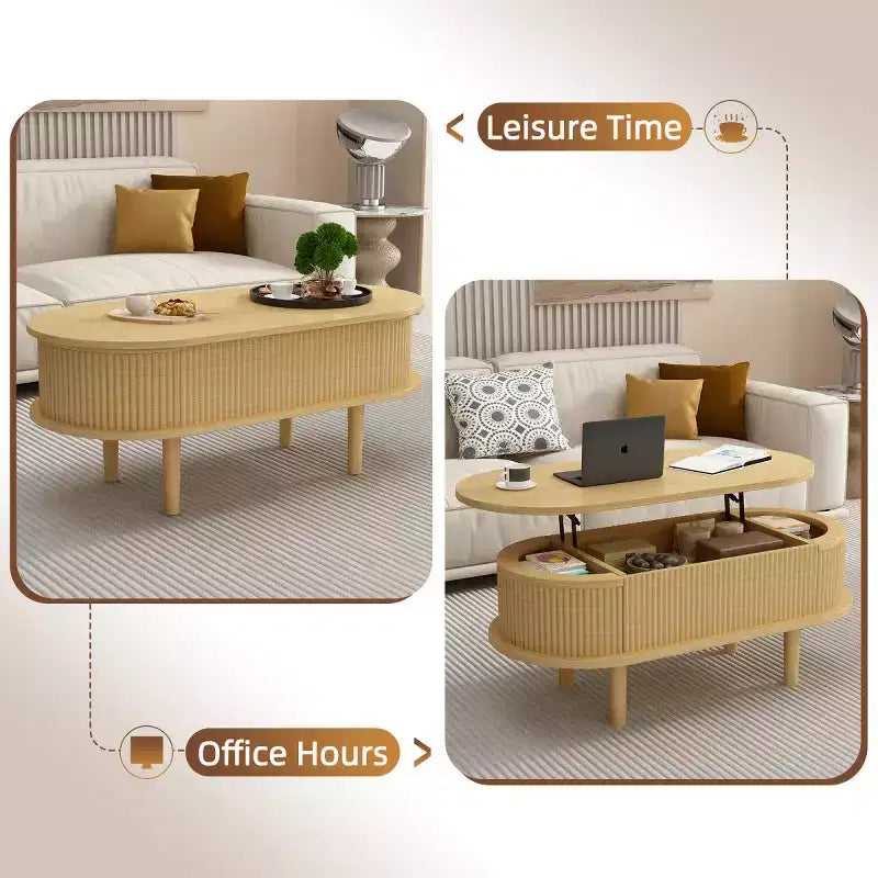 40 Modern Oval Lift-Top Coffee Table with Hidden Storage, Rustic Center Table for Living Room, Space-Saving Lift-Top Cocktail Table-Panipeachy
