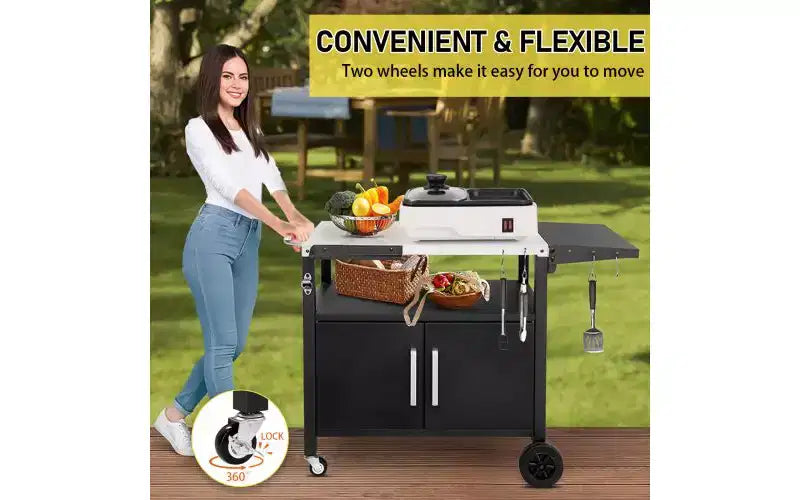 Karl Home Outdoor Rolling Grill Cart with Storage with Wheels Hooks Foldable Top