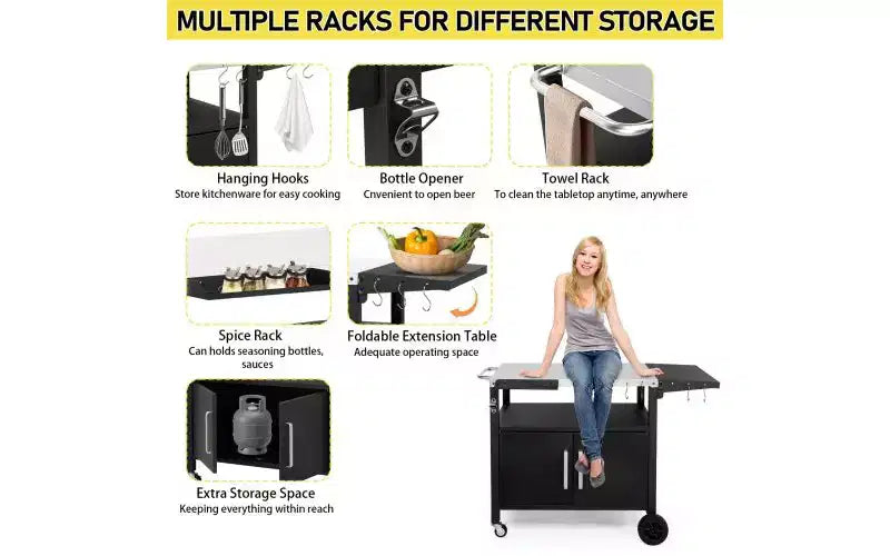 Karl Home Outdoor Rolling Grill Cart with Storage with Wheels Hooks Foldable Top